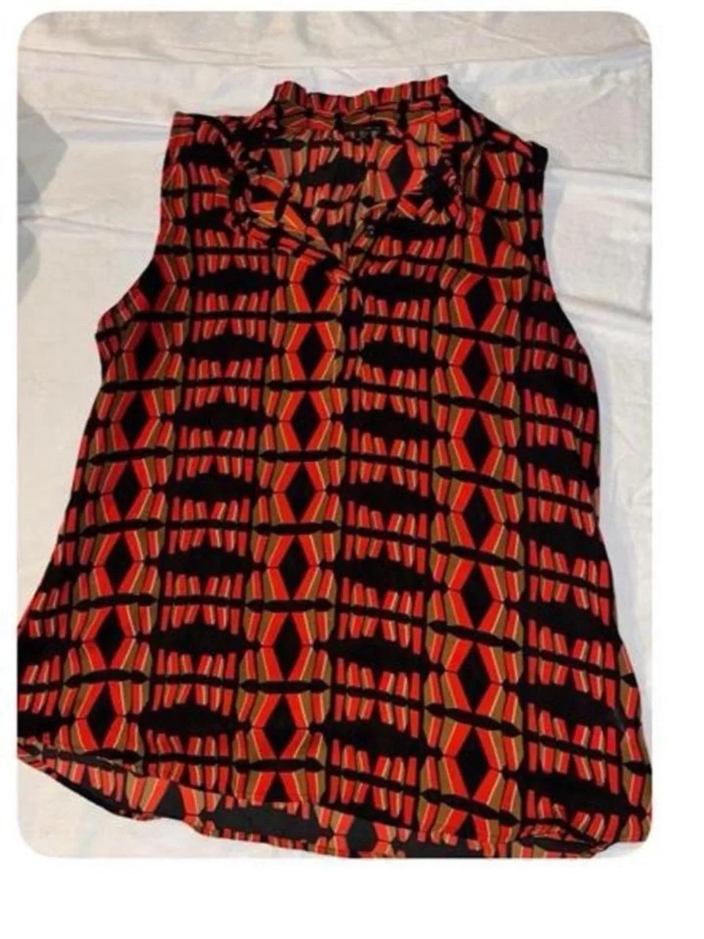 Dalia Red, Black & Brown Sleeveless Geometric V-Neck Blouse